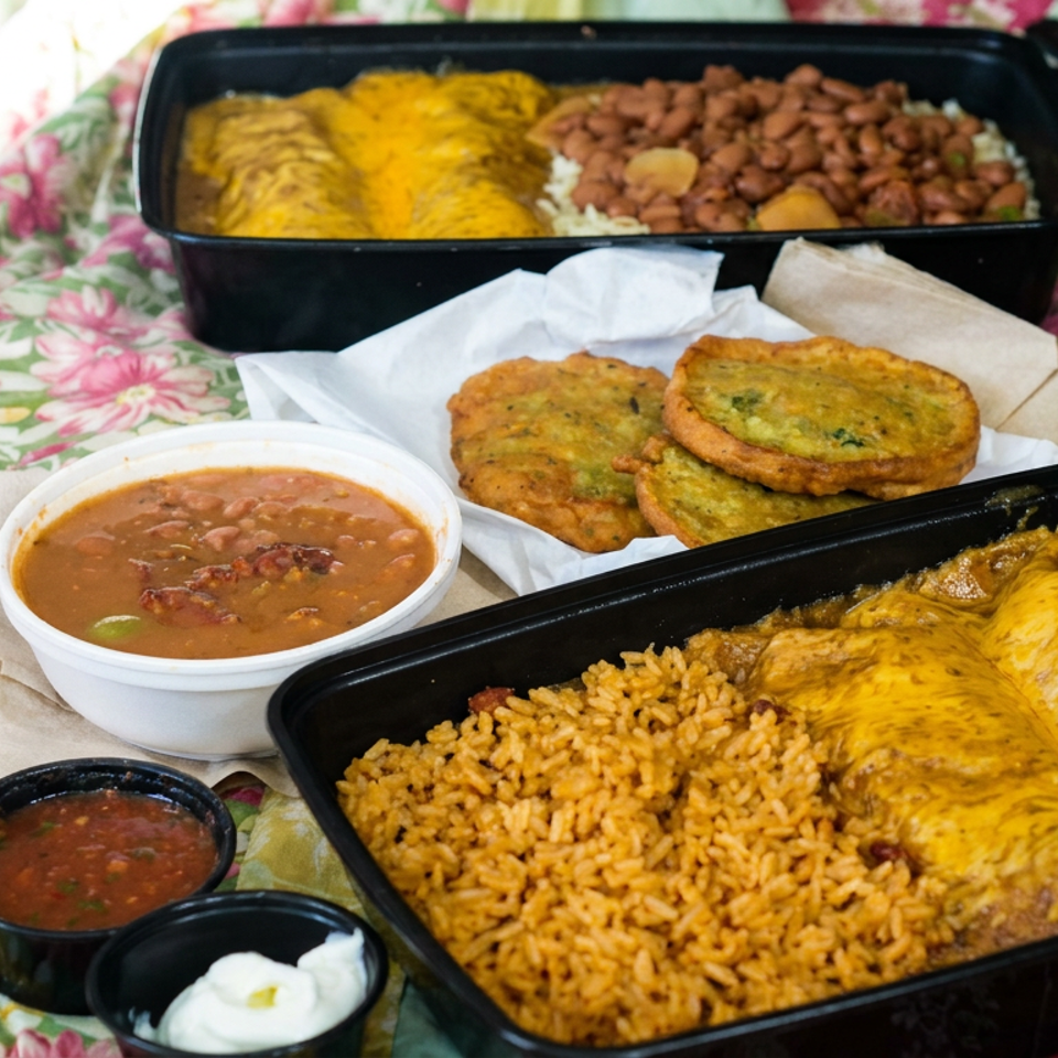 Mexican meal spread with cheese-covered enchiladas, seasoned rice, beans, fried tortillas, and salsa on a floral tablecloth.