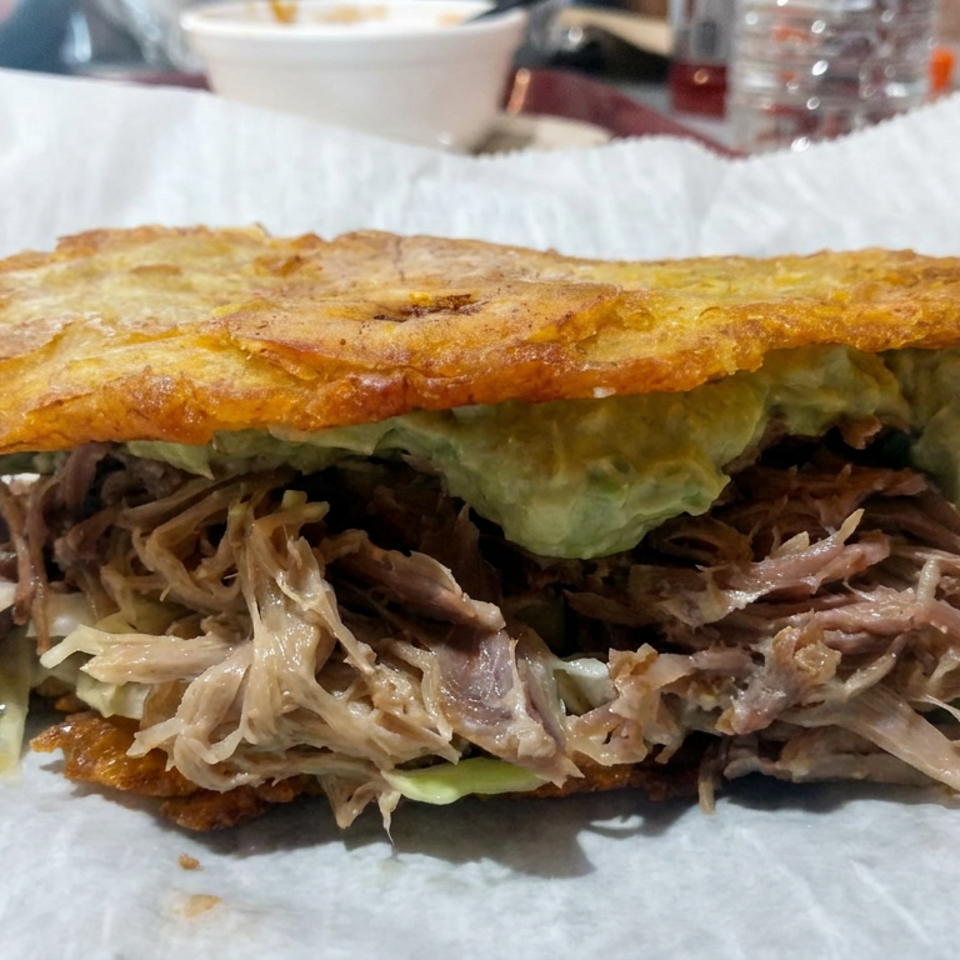Crispy golden sandwich layered with shredded meat, avocado spread, and lettuce, served on white paper at a restaurant.